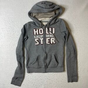 Hollister California Zip Up Hoodie Gray Logo Graphic Sweatshirt Womens Small Y2K